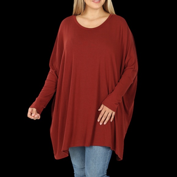 Fired Brick Plus Size Oversized V-Neck Poncho - Picture 2 of 8